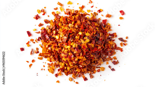 A close-up view of red chili flakes prepared for culinary use, showcasing vibrant color and texture on a white background