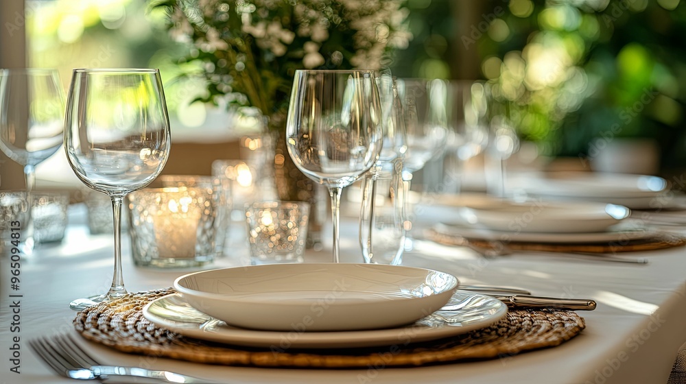 Elegant Table Setting with White Plates, Glassware, and Woven Placemat Elegant Table Setting with White Plates, Glassware, and Woven Placemat