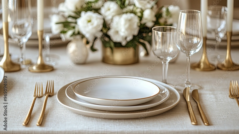 Elegant Table Setting with White Plates, Gold Cutlery, and Glassware Elegant Table Setting with White Plates, Gold Cutlery, and Glassware