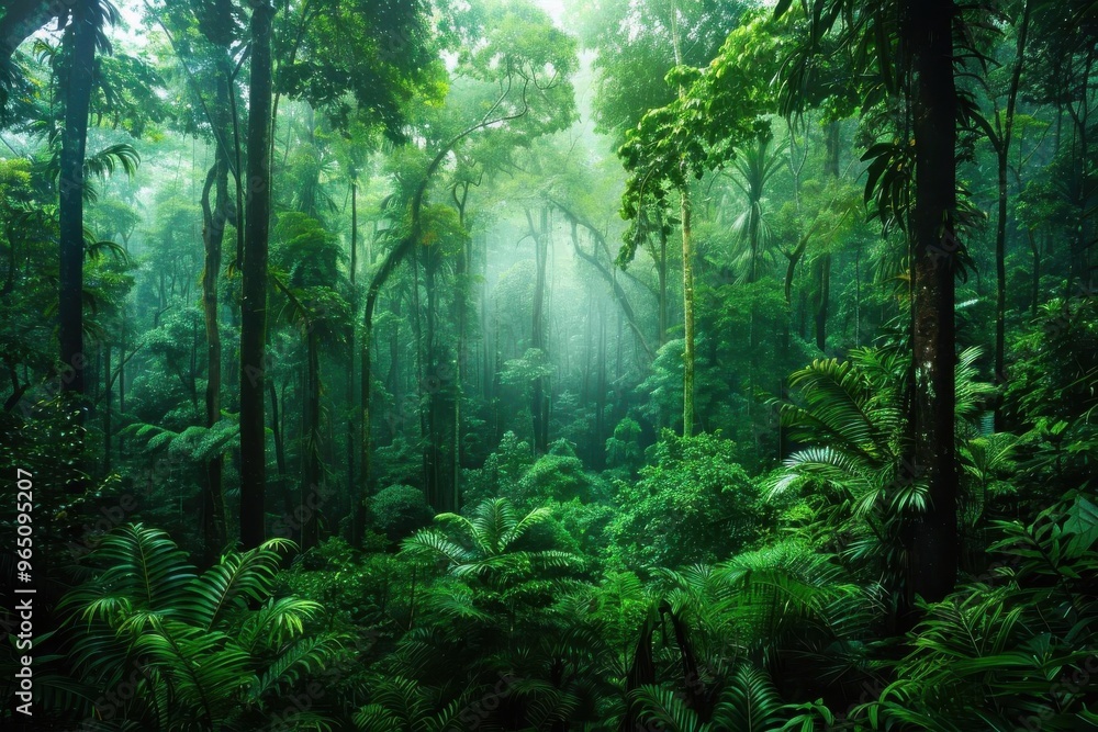Lush green rainforest filled with dense trees and vibrant foliage, creating a serene and tranquil natural environment. Lush green rainforest filled with dense trees and vibrant foliage, creating a serene and tranquil natural environment.