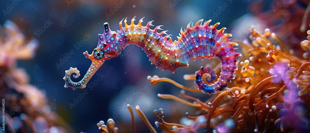 A colorful sea creature with a long tail is swimming in the ocean A colorful sea creature with a long tail is swimming in the ocean
