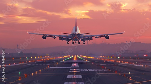 Airplane take off from runway airport during sunset, rear view from the end of the runway.