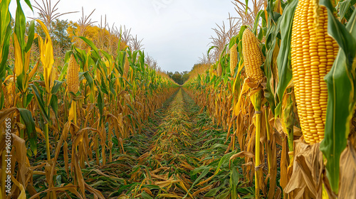 Golden corn stands tall in the field, surrounded by changing foliage under a bright autumn sky, showcasing the rich yield ready for harvest