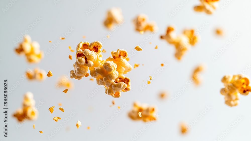 Floating popcorn kernels in bright light against a neutral background highlight the textures and shapes of this popular snack Floating popcorn kernels in bright light against a neutral background highlight the textures and shapes of this popular snack