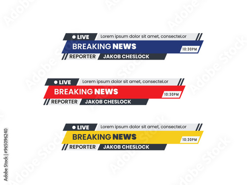 Lower third set. TV news banner. Header title box. Lower third layout. TV information bar. Vector illustration. 