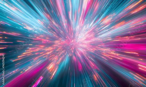 Abstract background with light streaks in blue, pink, and yellow.