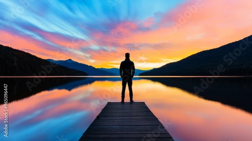 Silhouette of a person standing on a dock at sunset, reflecting vibrant colors in the water, mountains in the background