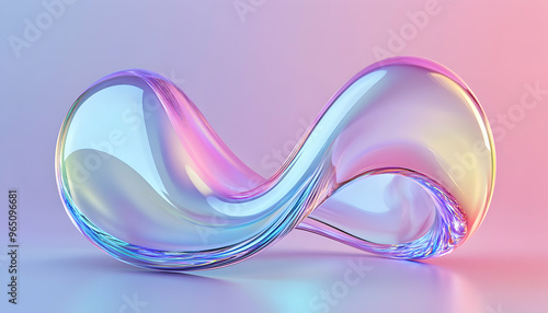 Abstract iridescent glass shape on a pink and purple background.