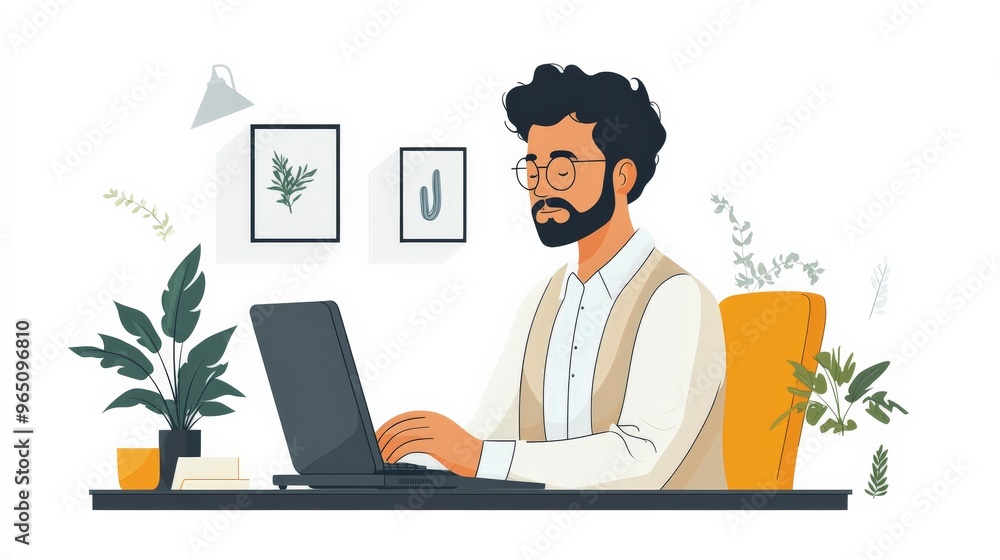 Focused in the Home Office: A bearded professional finds his flow, diligently typing on his laptop amidst a tranquil and stylish workspace. Focused in the Home Office: A bearded professional finds his flow, diligently typing on his laptop amidst a tranquil and stylish workspace.