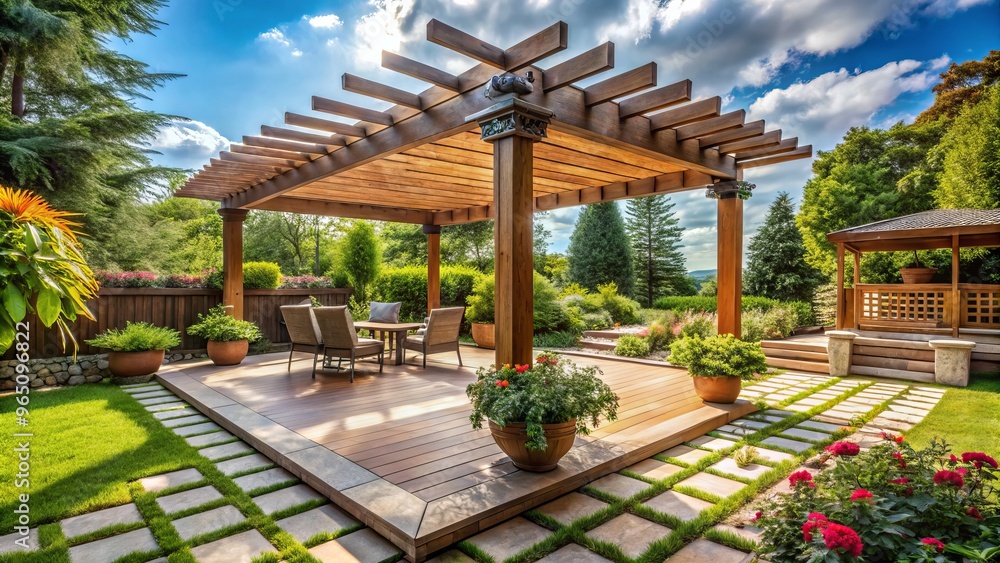 Obraz premium Wooden pergola stretches above a sun-drenched deck, its lattice roof filtering light onto stone patio tiles.