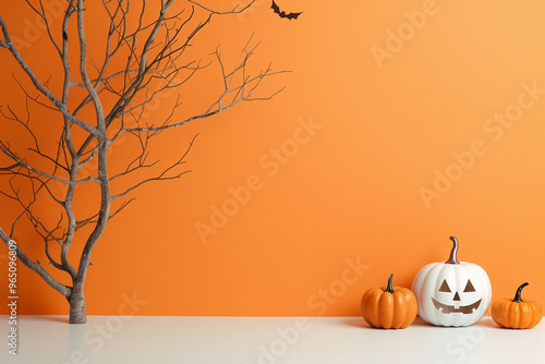 A clean and minimalist Halloween setting featuring a white jack-o-lantern and two orange pumpkins placed against a bold orange backdrop. The bare tree branches add a spooky, generative ai photo