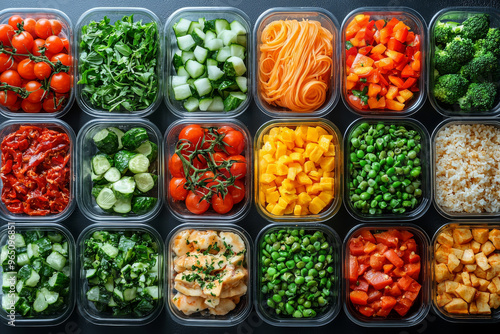 Assortment of prepped ingredients in clear containers, ready for meal prep.