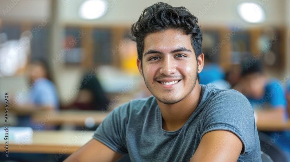 Smiling Latino student engaged in studies with copy space. Smiling Latino student engaged in studies with copy space.