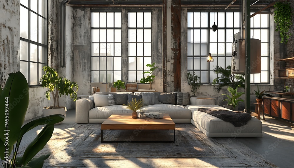 Industrial Living Room with Metal Beams, Large Windows, and Wood Coffee Table for a Balanced and Inviting Space Industrial Living Room with Metal Beams, Large Windows, and Wood Coffee Table for a Balanced and Inviting Space