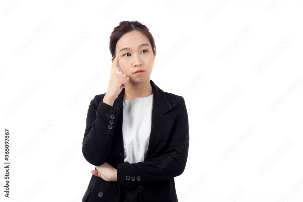 Portrait beautiful young asian businesswoman standing thinking idea with doubt for planning while serious isolated white background, business woman decision for choice with expression confused. Portrait beautiful young asian businesswoman standing thinking idea with doubt for planning while serious isolated white background, business woman decision for choice with expression confused.