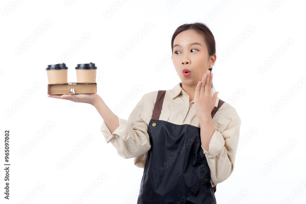 Portrait young asian woman barista holding a takeaway coffee cup with excited isolated white background, joyful happy barista presenting takeaway coffee with success, small business or startup. Portrait young asian woman barista holding a takeaway coffee cup with excited isolated white background, joyful happy barista presenting takeaway coffee with success, small business or startup.