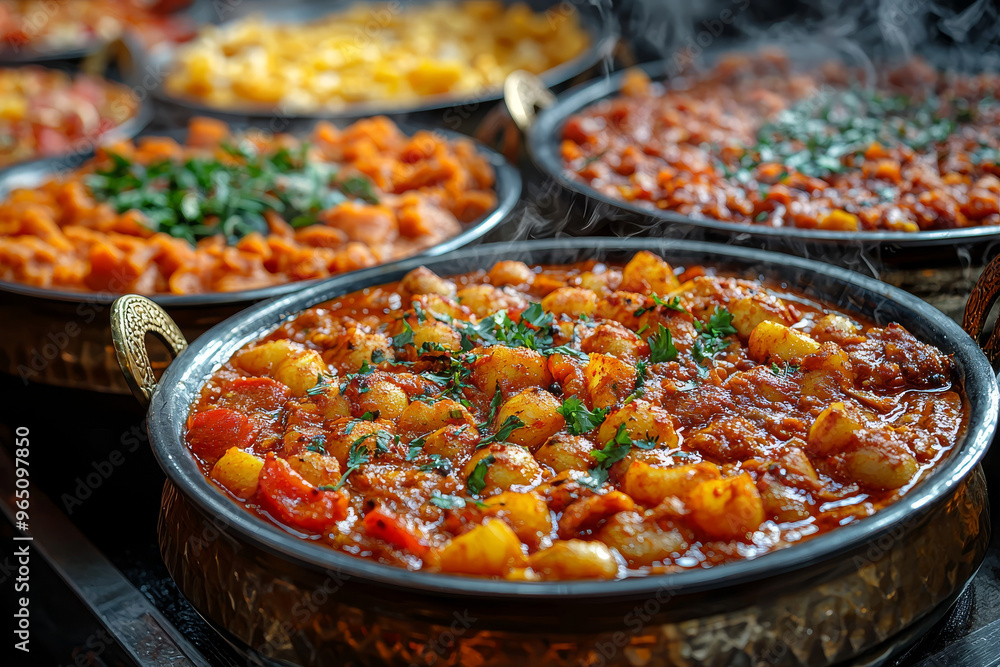 Close up of a steaming pot of potato curry. Close up of a steaming pot of potato curry.