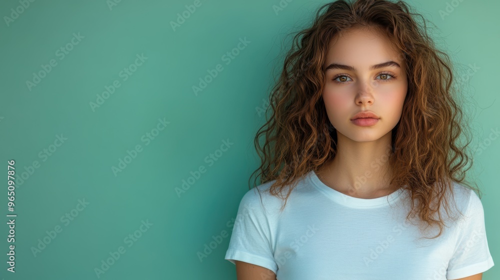 A young woman with curly hair and a serene expression stands against a soft teal background. The image captures modern beauty and simplicity. A young woman with curly hair and a serene expression stands against a soft teal background. The image captures modern beauty and simplicity.