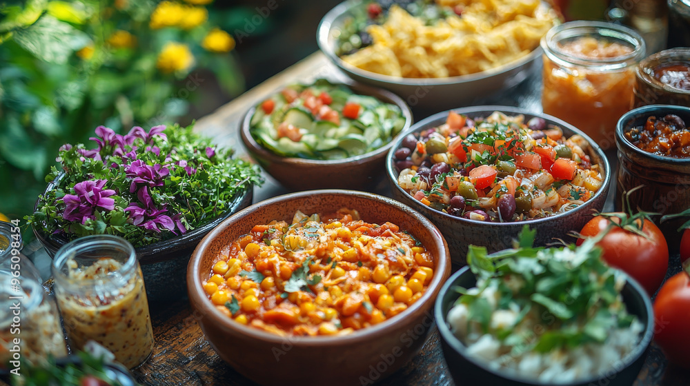 A variety of colorful dishes sit on a wooden table, ready for a delicious meal. A variety of colorful dishes sit on a wooden table, ready for a delicious meal.