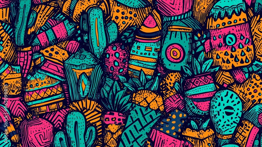 Tropical Doodle Pattern with Bright Colors Tropical Doodle Pattern with Bright Colors