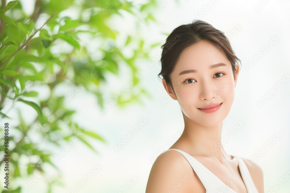 A serene image of a young Asian woman with flawless skin and a soft smile, standing in front of a bright and natural backdrop with greenery. The photo exudes freshness and wellness, generative ai A serene image of a young Asian woman with flawless skin and a soft smile, standing in front of a bright and natural backdrop with greenery. The photo exudes freshness and wellness, generative ai