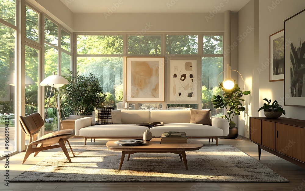 Fototapeta premium Modern Open Living Room with Vintage Accents, Retro-Inspired Sofa, and Sleek Lighting for an Airy and Bright Design