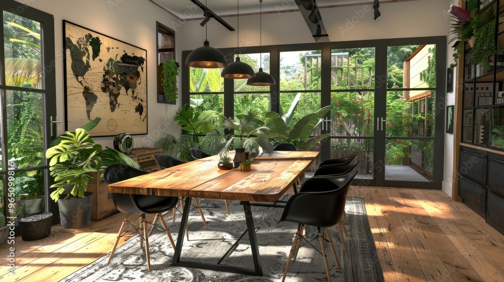 Fototapeta premium Botanical Dining Retreat: Cozy Room with Wooden Table, Black Chairs, and Abundant Plants