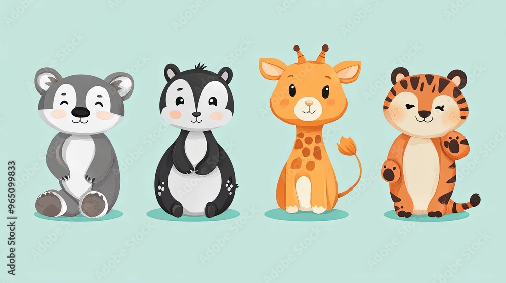 Four Adorable Cartoon Animals Sitting on a Blue Background Four Adorable Cartoon Animals Sitting on a Blue Background