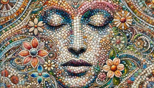 A detailed and focused image of a mosaic face with intricate floral patterns blending into the background.