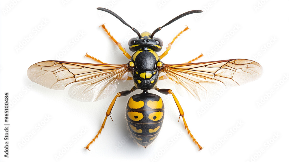 Close-up view of a yellow and black wasp perched on a white surface during daylight showcasing its detailed features Close-up view of a yellow and black wasp perched on a white surface during daylight showcasing its detailed features