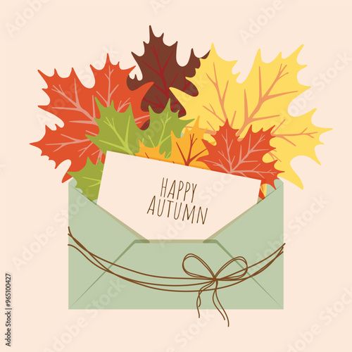 Trendy Autumn Greeting Card with Envelope, and Maple Leaves. Modern Fall Poster in Flat style. Minimalism Art Design Holiday Covers, Banner with trendy typography for website, sale, social media.