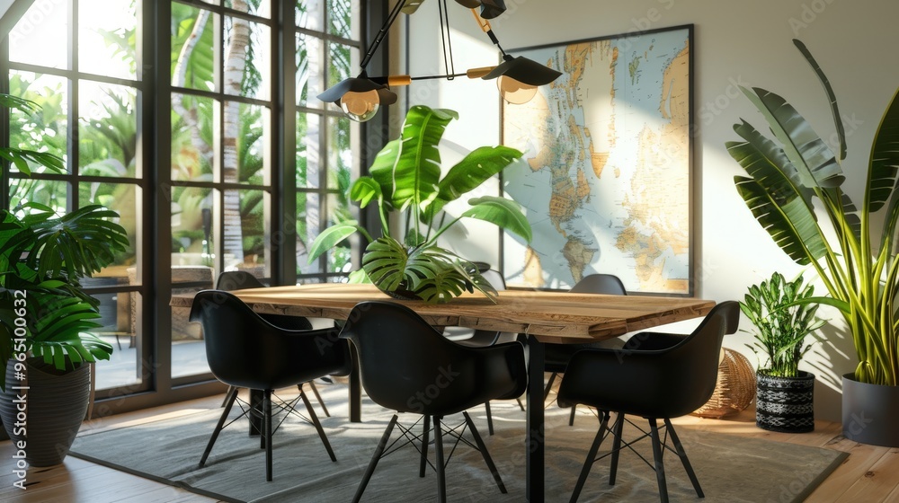 Fototapeta premium Modern Botanical Oasis: Stylish Dining Room with Wooden Table, Black Chairs, and Indoor Plants