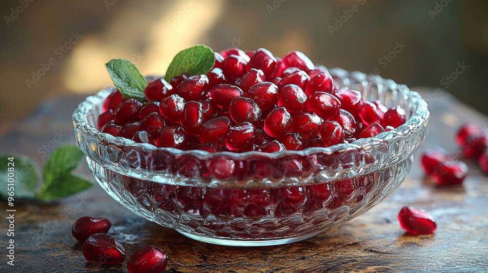 Fresh pomegranate seeds in a glass bowl. Fresh pomegranate seeds in a glass bowl.