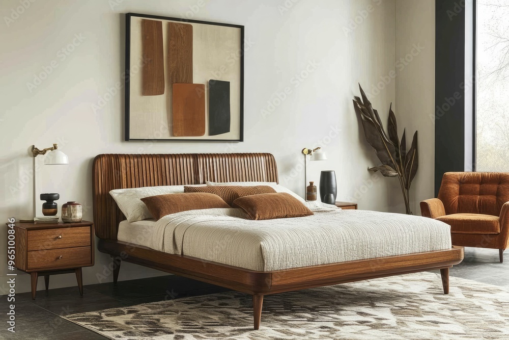 Fototapeta premium Modern bedroom with wooden furniture and cozy decor.