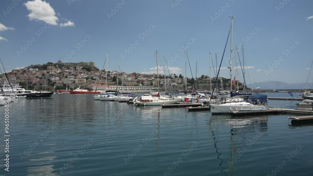 View of the harbour and boats overlooked by Kavala Fortress, Kavala, Bay of Kavala, Aegean Sea, Greece, Europe View of the harbour and boats overlooked by Kavala Fortress, Kavala, Bay of Kavala, Aegean Sea, Greece, Europe