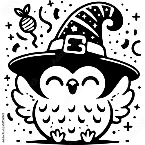 Owl in a witch hat cheerfully throws confetti into the air in monochrome. Simple minimalistic vector in black ink drawing on transparent background