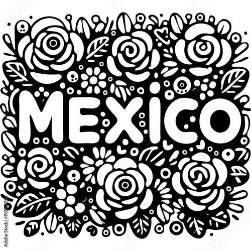 Inscription Mexico drowning in roses in monochrome. Simple minimalistic vector in black ink drawing on transparent background