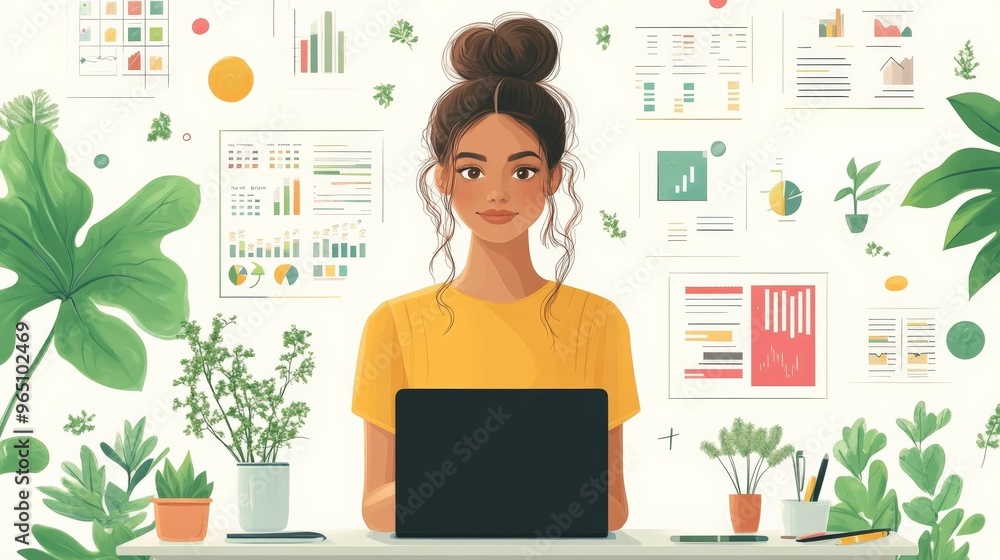Data Driven Green Thumb: Young professional woman thrives in a vibrant home office, surrounded by lush plants and data visualizations, showcasing the harmony of productivity and well-being. Data Driven Green Thumb: Young professional woman thrives in a vibrant home office, surrounded by lush plants and data visualizations, showcasing the harmony of productivity and well-being.