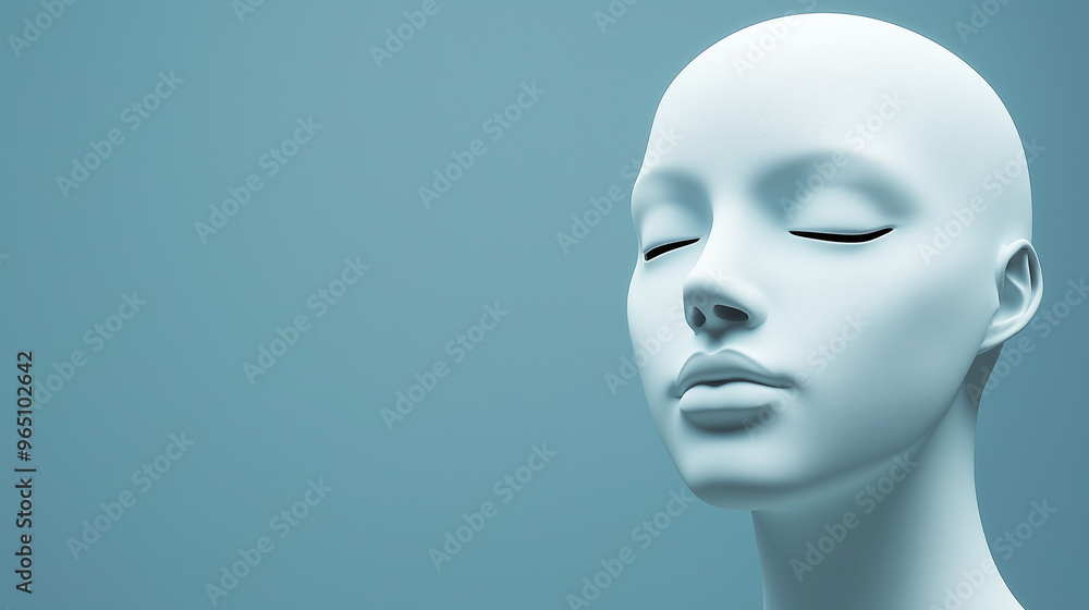 A minimalist white mannequin head displays a tranquil expression with closed eyes, set against a soft blue background providing ample space for creative use, copy space A minimalist white mannequin head displays a tranquil expression with closed eyes, set against a soft blue background providing ample space for creative use, copy space