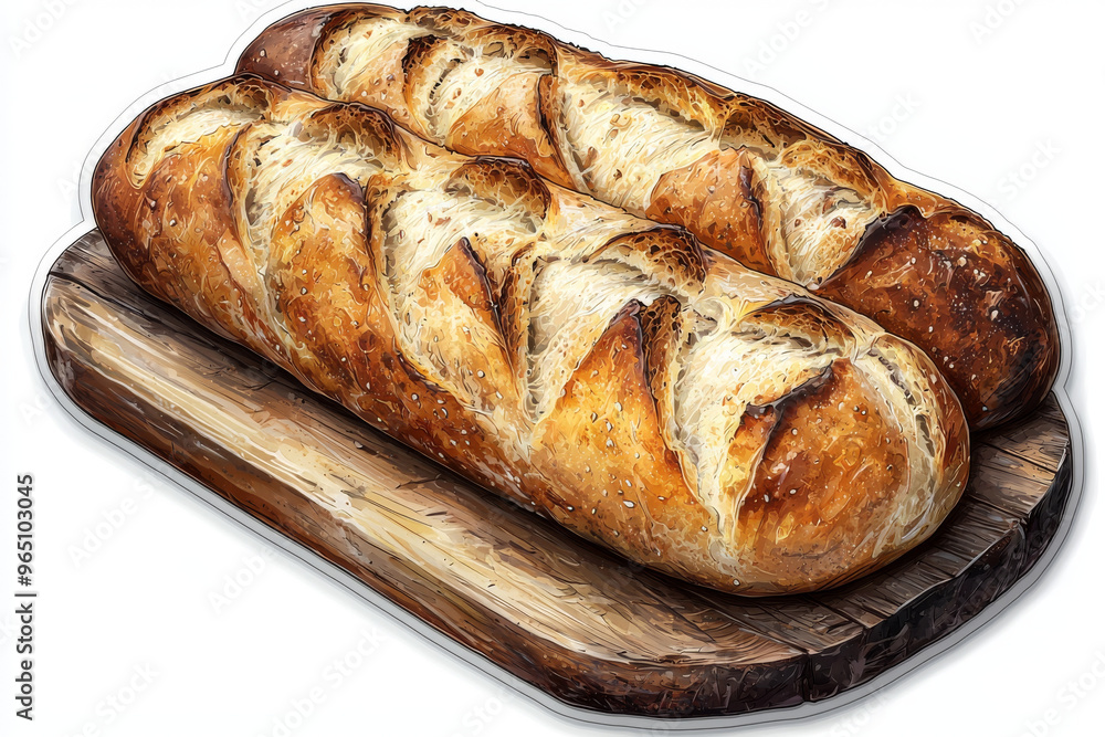 Two freshly baked baguettes on a rustic wooden board. Two freshly baked baguettes on a rustic wooden board.