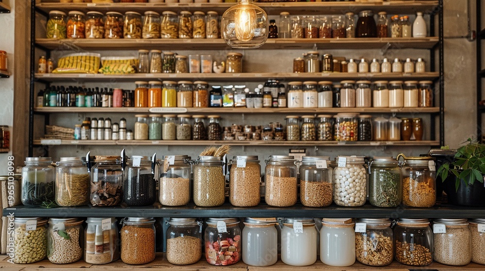 A large collection of glass jars filled with various spices and grains A large collection of glass jars filled with various spices and grains