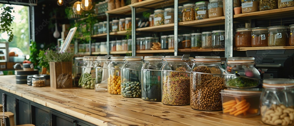 A store with a lot of jars of food on a counter A store with a lot of jars of food on a counter