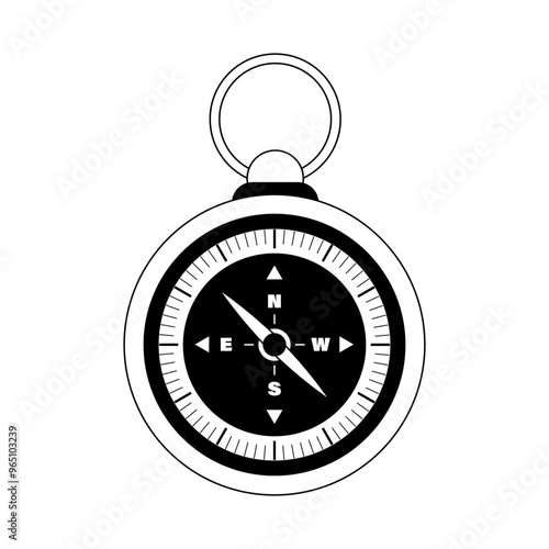 Compass isolated on white background, monochrome style, camping gear vector illustration