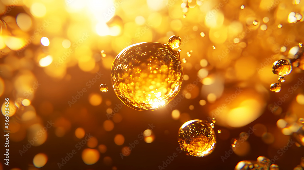 Futuristic droplets of golden oil forming geometric shapes in mid-air, glowing with soft light Futuristic droplets of golden oil forming geometric shapes in mid-air, glowing with soft light