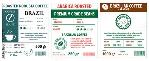 An illustration of coffee labels template, simple flat style in cmyk mode with two tone color. The labels detail various coffee attributes such as origin, altitude, roast level, process, and net weigh