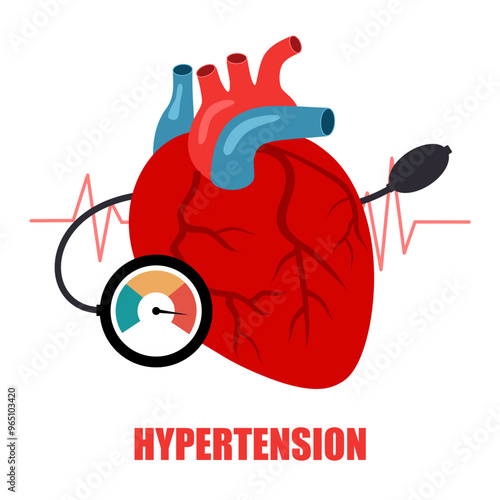 Hypertension vector concept. Human heart with blood pressure monitor in flat style.