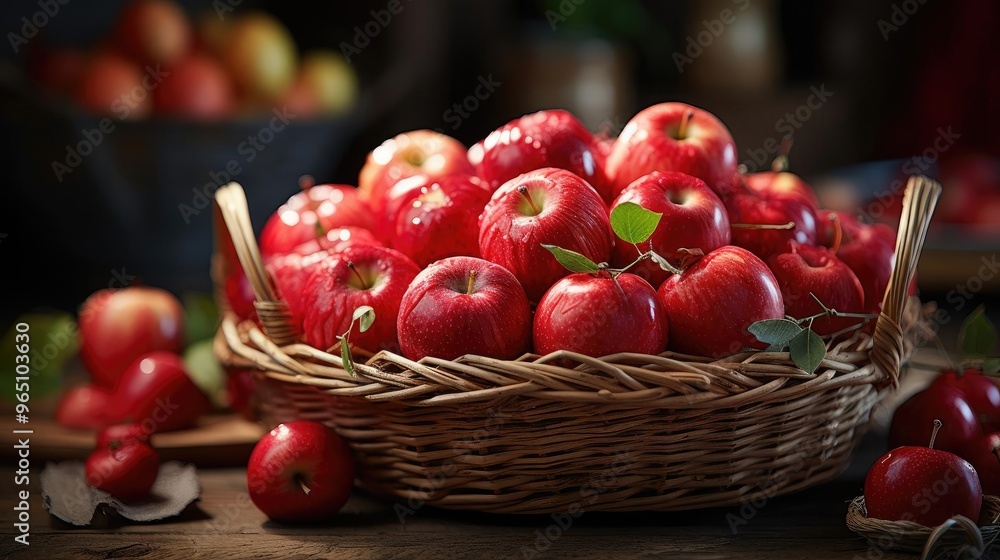 A basket filled with fresh red apples sits on a table, ready for consumption. A basket filled with fresh red apples sits on a table, ready for consumption.