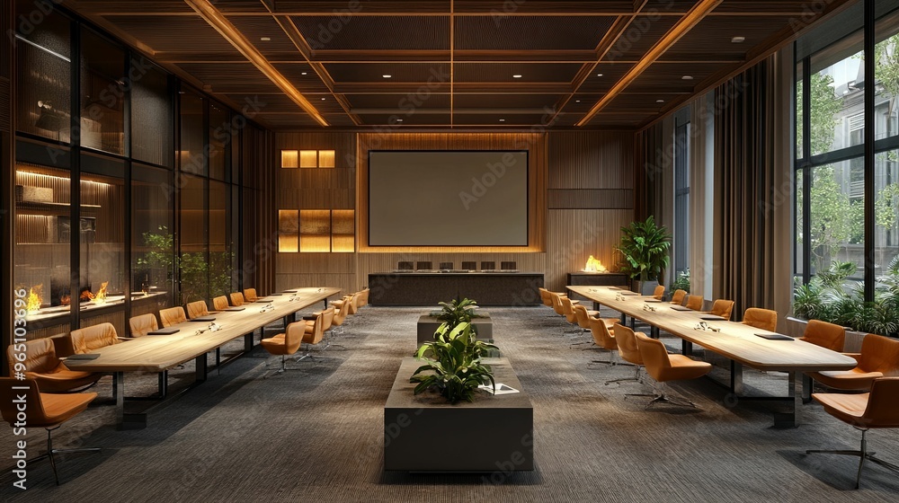Modern Conference Room with Wooden Walls and Large Windows Modern Conference Room with Wooden Walls and Large Windows