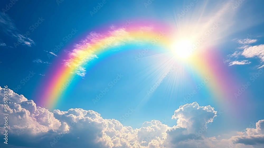 A Rainbow Arcing Through White Clouds and Sunlight in a Blue Sky A Rainbow Arcing Through White Clouds and Sunlight in a Blue Sky