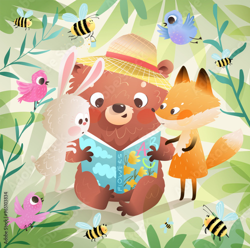 Baby animals bear fox and bunny and birds reading a book together in forest nature, cute study and education graphics for children. Vector cartoon clip art for kids education.